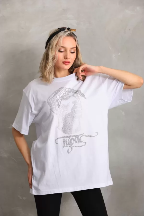 Luz&Pos Unisex Taş Desenli Oversize T-shirt - Beyaz