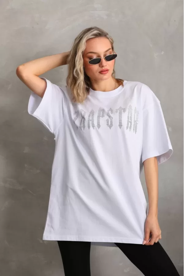 Luz&Pos Unisex Taş Desenli Oversize T-shirt - Beyaz