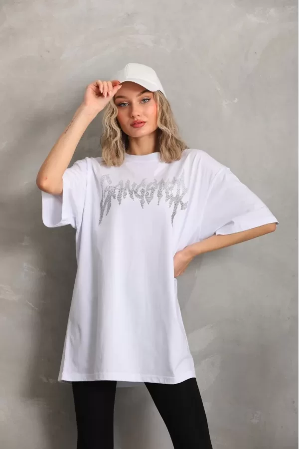 Luz&Pos Unisex Taş Desenli Oversize T-shirt - Beyaz