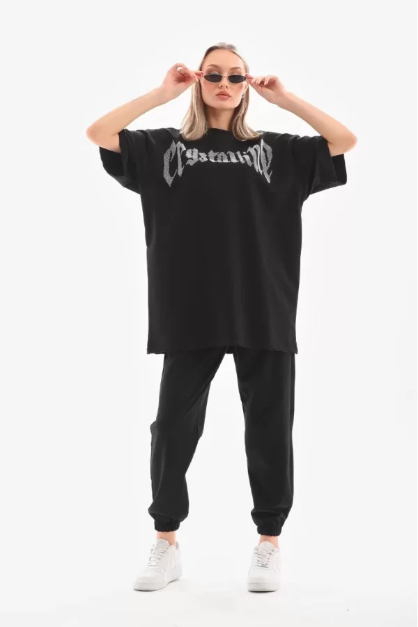 Luz&Pos Unisex Taş Desenli Oversize T-shirt - Beyaz