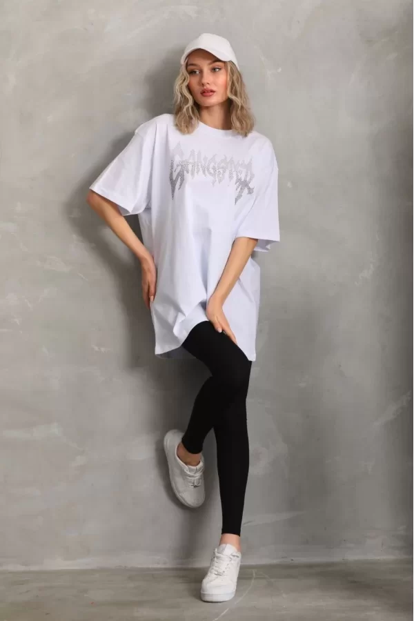 Luz&Pos Unisex Taş Desenli Oversize T-shirt - Beyaz