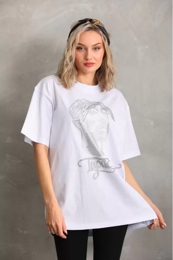 Luz&Pos Unisex Taş Desenli Oversize T-shirt - Beyaz