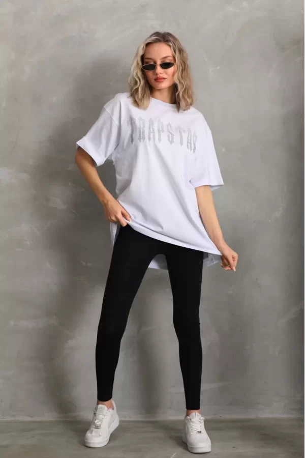 Luz&Pos Unisex Taş Desenli Oversize T-shirt - Beyaz