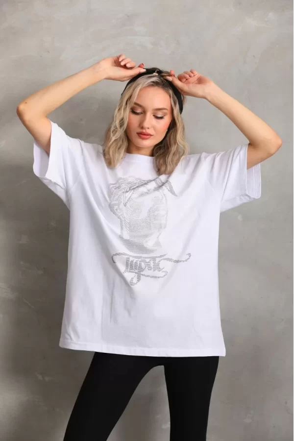 Luz&Pos Unisex Taş Desenli Oversize T-shirt - Beyaz