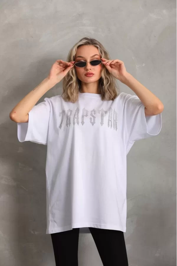 Luz&Pos Unisex Taş Desenli Oversize T-shirt - Beyaz