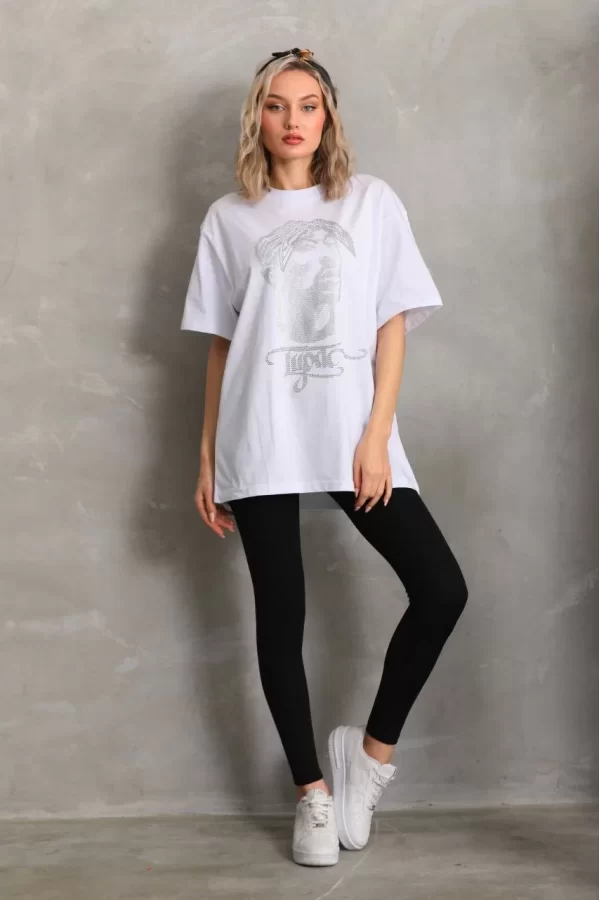 Luz&Pos Unisex Taş Desenli Oversize T-shirt - Beyaz