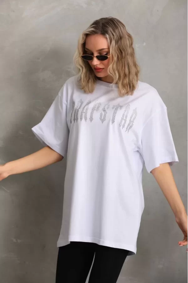 Luz&Pos Unisex Taş Desenli Oversize T-shirt - Beyaz