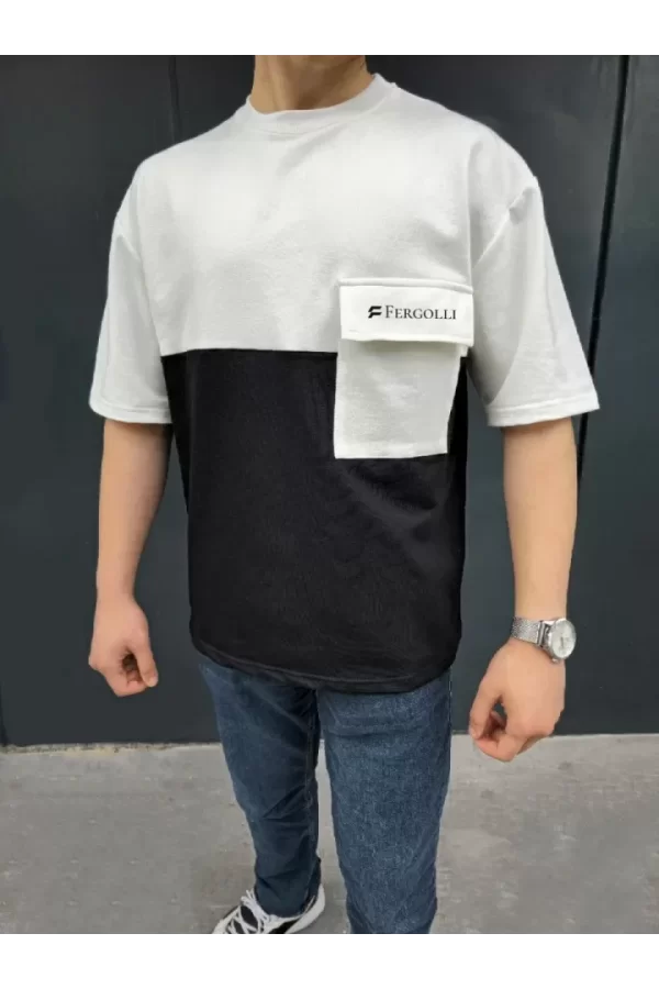 Unisex Torba Cep Detaylı  Parçalı T-Shirt - Siyah