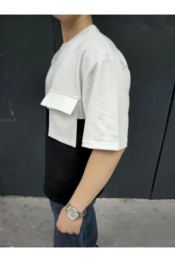 Unisex Torba Cep Detaylı Parçalı T-Shirt - Siyah