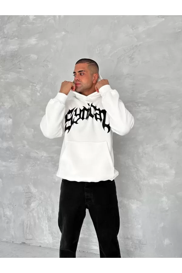 Luz&Pos Unisex Üç İplik Kapüşonlu Baskılı Sweatshirt - Beyaz