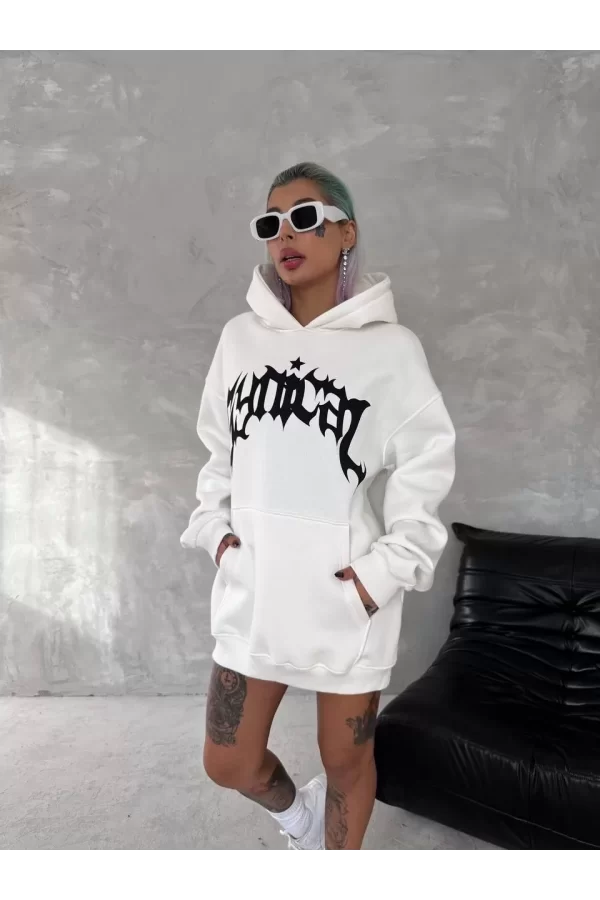 Luz&Pos Unisex Üç İplik Kapüşonlu Baskılı Sweatshirt - Beyaz