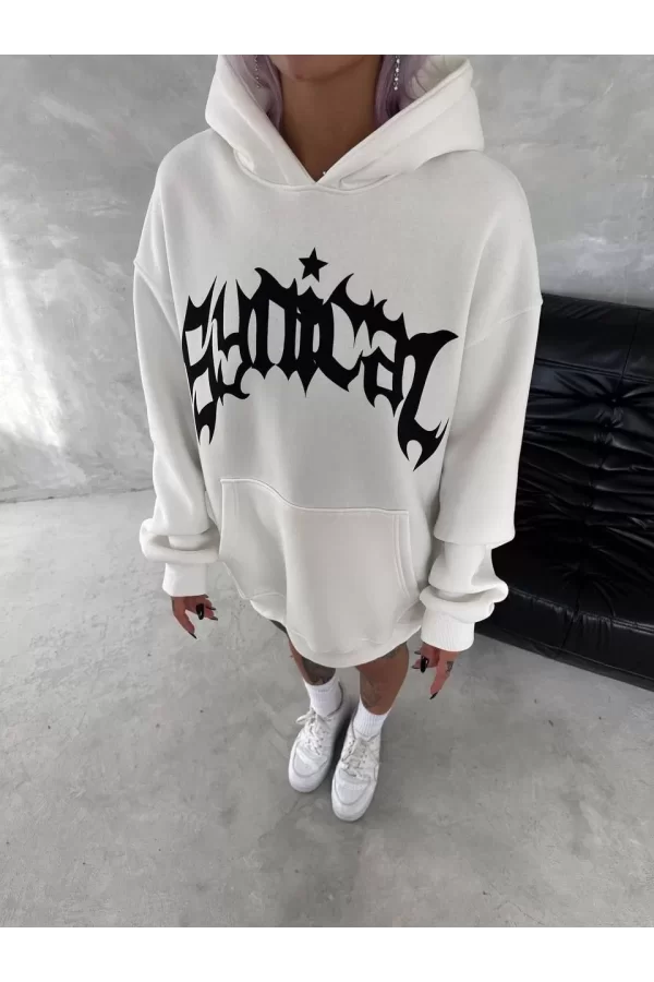 Luz&Pos Unisex Üç İplik Kapüşonlu Baskılı Sweatshirt - Beyaz