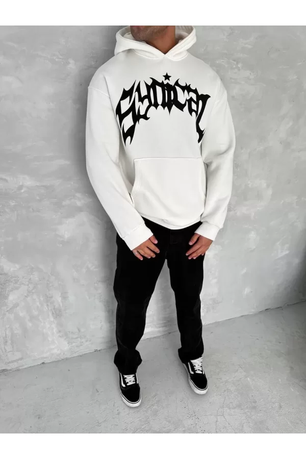 Luz&Pos Unisex Üç İplik Kapüşonlu Baskılı Sweatshirt - Beyaz