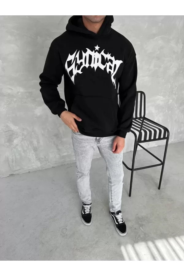 Luz&Pos Unisex Üç İplik Kapüşonlu Baskılı Sweatshirt - Siyah
