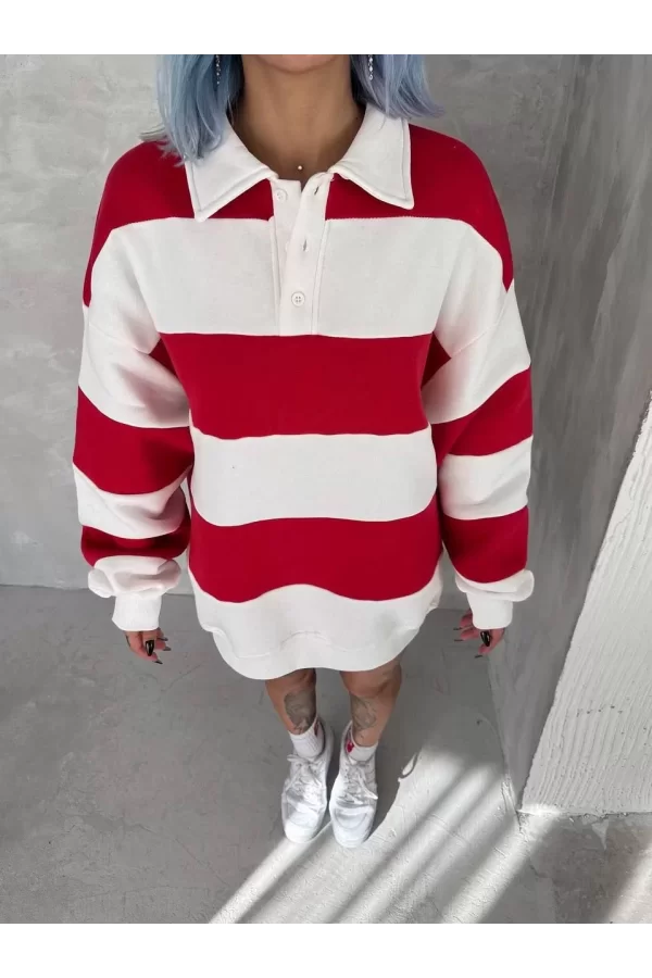 Luz&Pos Unisex Üç İplik Parçalı Yakalı Sweatshirt - Kırmızı