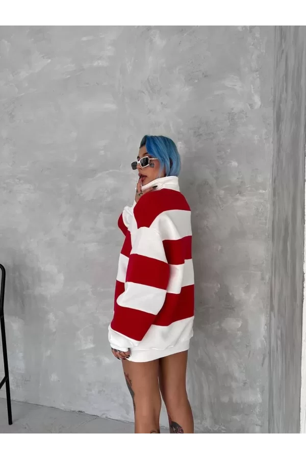 Luz&Pos Unisex Üç İplik Parçalı Yakalı Sweatshirt - Kırmızı