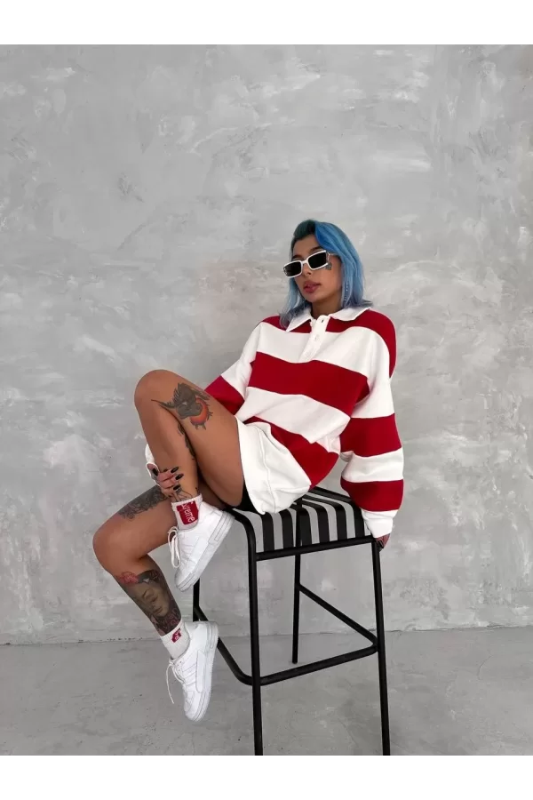 Luz&Pos Unisex Üç İplik Parçalı Yakalı Sweatshirt - Kırmızı