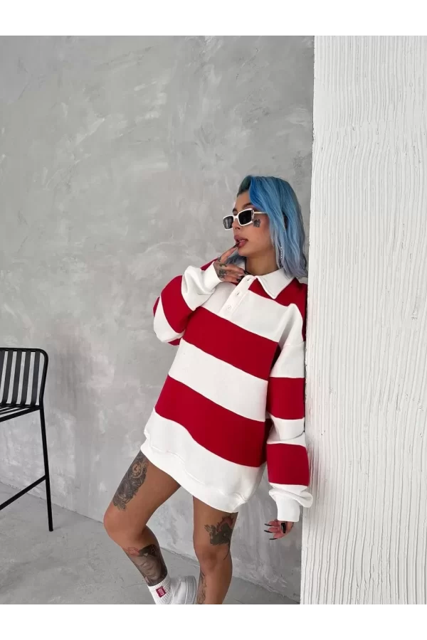 Luz&Pos Unisex Üç İplik Parçalı Yakalı Sweatshirt - Kırmızı