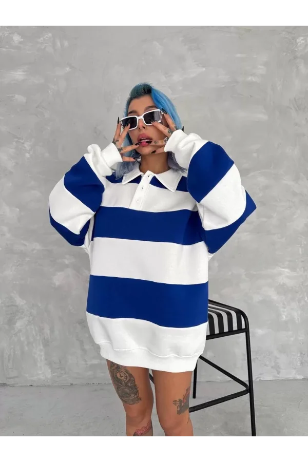 Luz&Pos Unisex Üç İplik Parçalı Yakalı Sweatshirt - Mavi