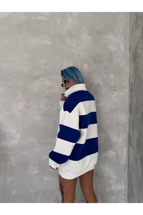 Luz&Pos Unisex Üç İplik Parçalı Yakalı Sweatshirt - Mavi