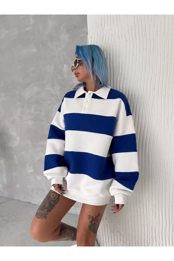 Luz&Pos Unisex Üç İplik Parçalı Yakalı Sweatshirt - Mavi