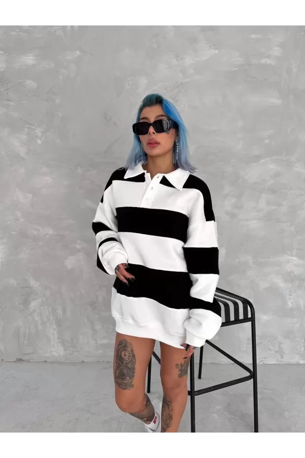 Luz&Pos Unisex Üç İplik Parçalı Yakalı Sweatshirt - Siyah