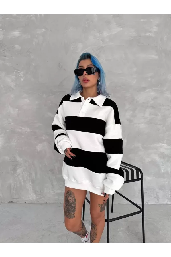 Luz&Pos Unisex Üç İplik Parçalı Yakalı Sweatshirt - Siyah