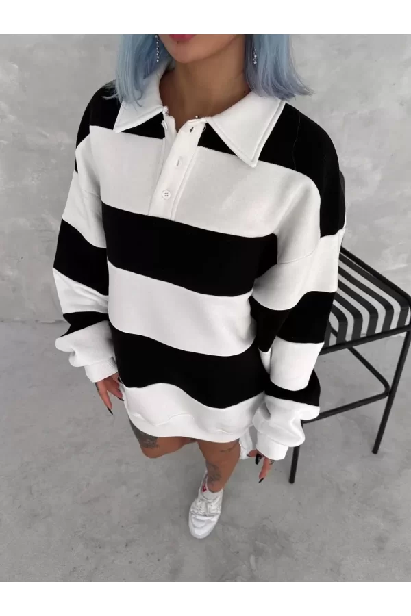 Luz&Pos Unisex Üç İplik Parçalı Yakalı Sweatshirt - Siyah