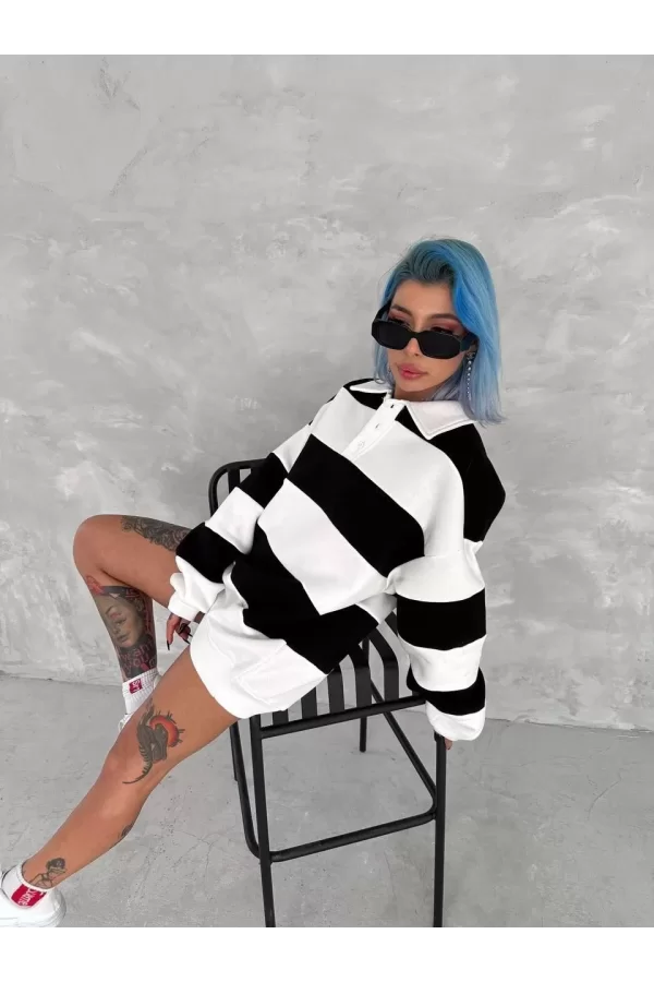 Luz&Pos Unisex Üç İplik Parçalı Yakalı Sweatshirt - Siyah