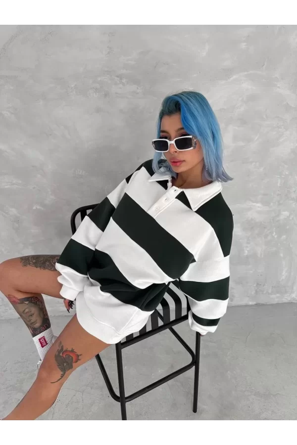 Luz&Pos Unisex Üç İplik Parçalı Yakalı Sweatshirt - Yeşil