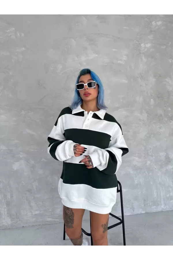 Luz&Pos Unisex Üç İplik Parçalı Yakalı Sweatshirt - Yeşil
