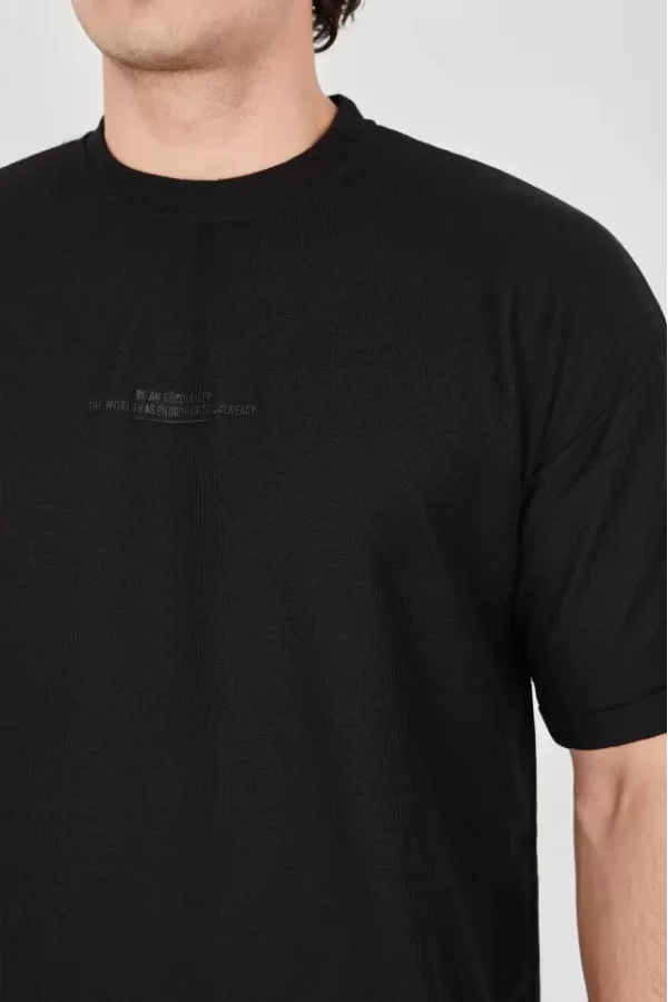 Unisex Waffle Kumaş Rahat Kol T-Shirt - Siyah
