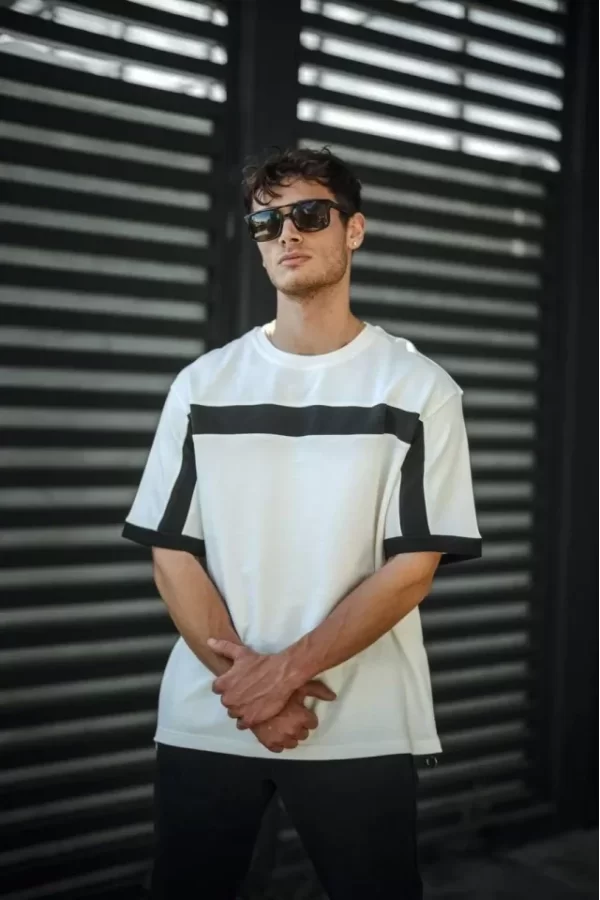 Unisex Yandan Fermuarlı Parçalı T-Shirt - Beyaz