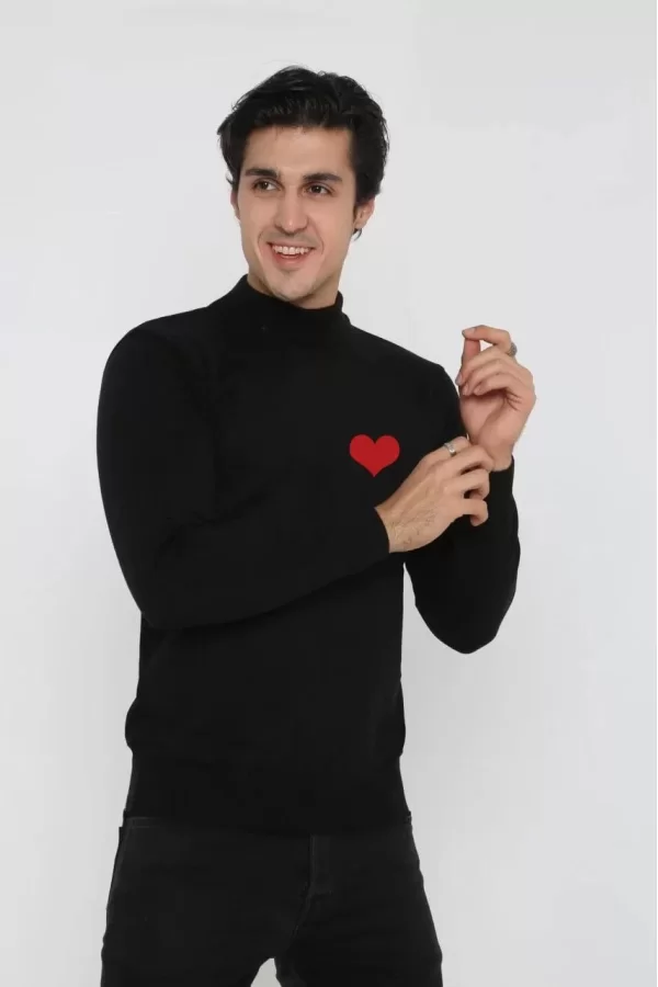 Luz&Pos Unisex Yarım Boğazlı Baskılı Dokuma Triko - Siyah