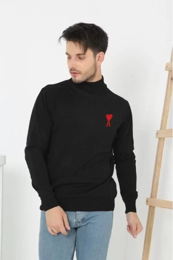 Luz&Pos Unisex Yarım Boğazlı Baskılı Dokuma Triko - Siyah
