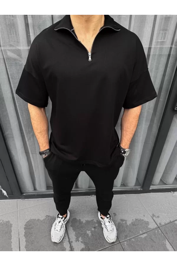Luz&Pos Unisex Yarım Fermuarlı Basic T-shirt - Siyah