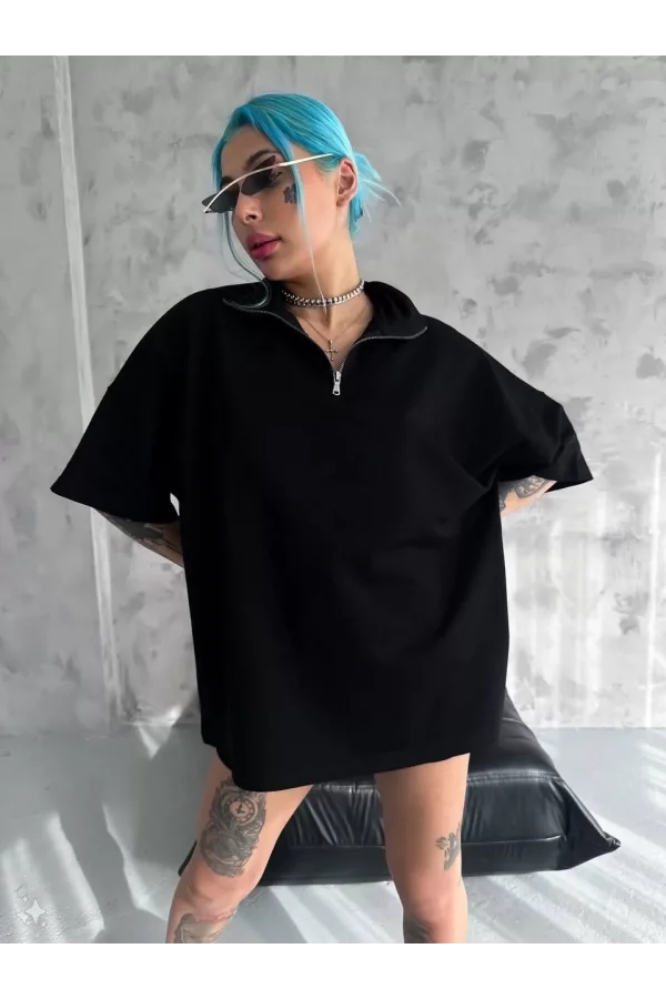 Luz&Pos Unisex Yarım Fermuarlı Basic T-shirt - Siyah