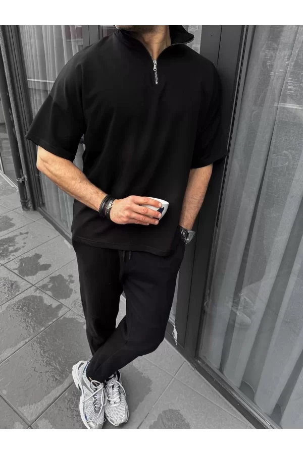 Luz&Pos Unisex Yarım Fermuarlı Basic T-shirt - Siyah