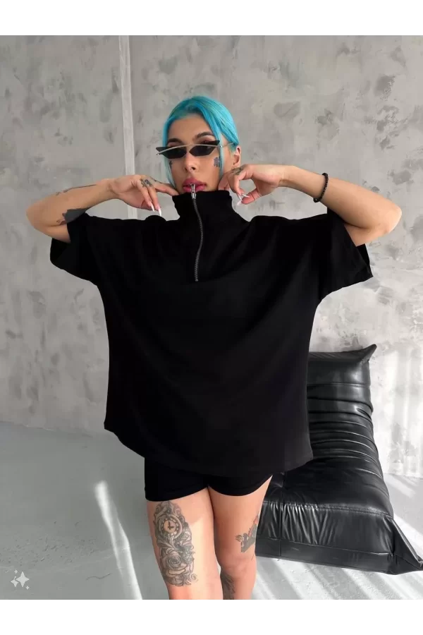 Luz&Pos Unisex Yarım Fermuarlı Basic T-shirt - Siyah