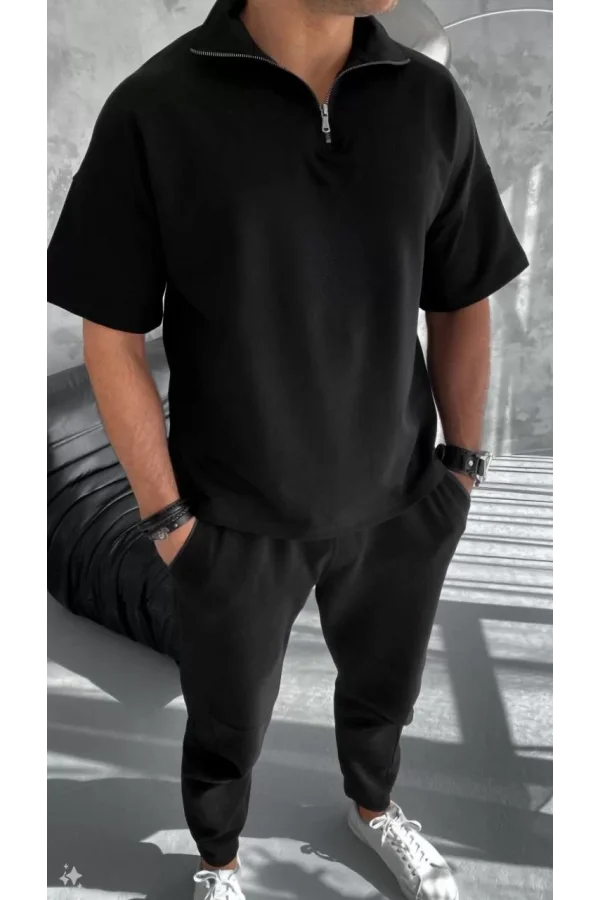 Luz&Pos Unisex Yarım Fermuarlı Basic T-shirt - Siyah