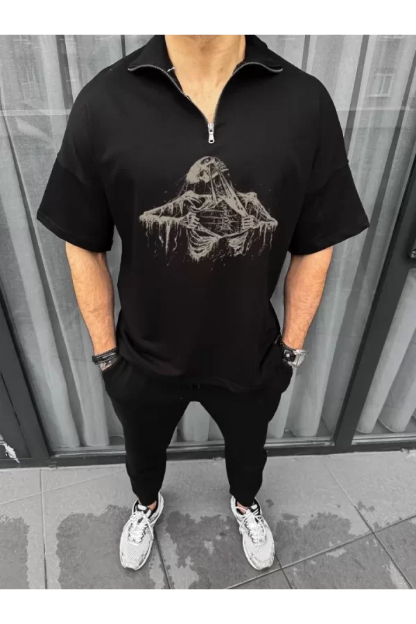 Unisex Yarım Fermuarlı Baskılı Oversize T-Shirt - Siyah