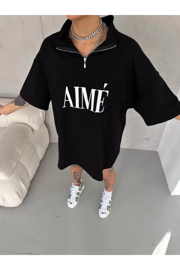 Luz&Pos Unisex Yarım Fermuarlı Baskılı T-shirt - Siyah