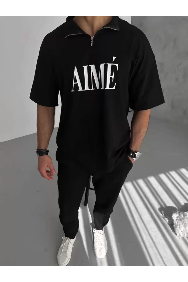Luz&Pos Unisex Yarım Fermuarlı Baskılı T-shirt - Siyah