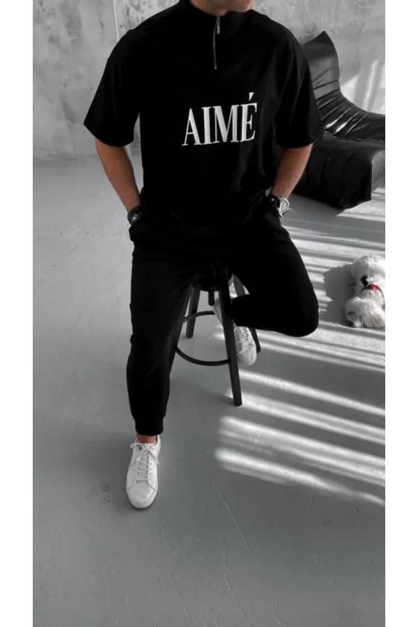 Luz&Pos Unisex Yarım Fermuarlı Baskılı T-shirt - Siyah