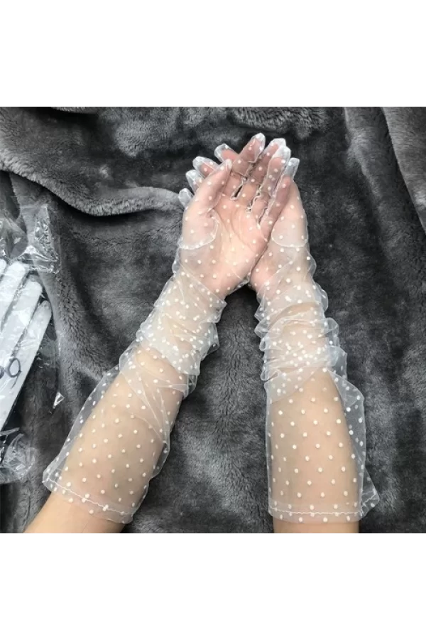 Uzun Boy Beyaz Puantiyeli Beyaz Renk Yetişkin Tül Eldiven