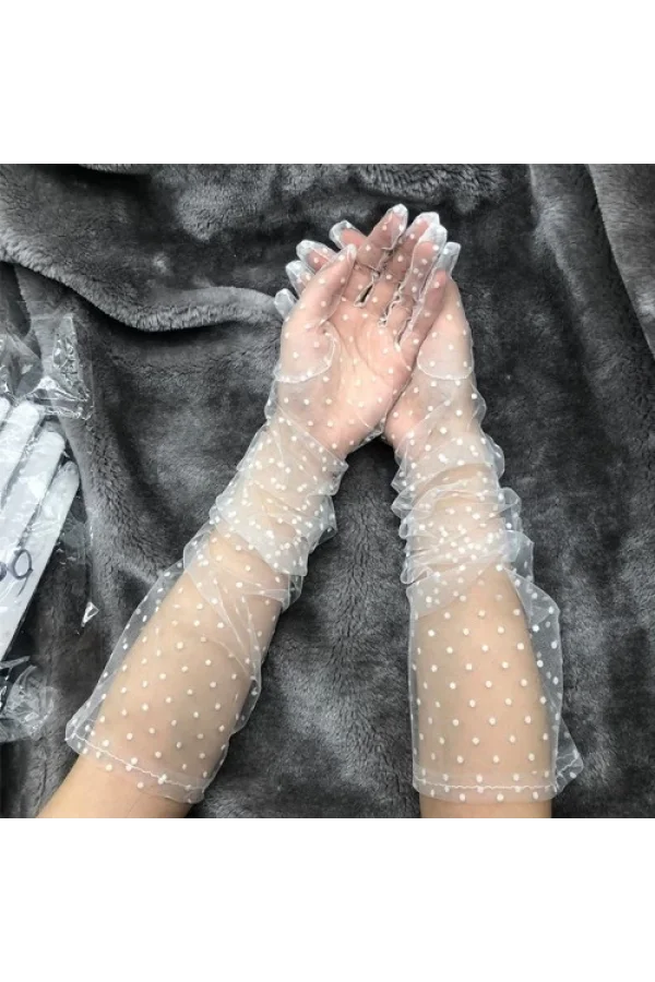 Uzun Boy Beyaz Puantiyeli Beyaz Renk Yetişkin Tül Eldiven