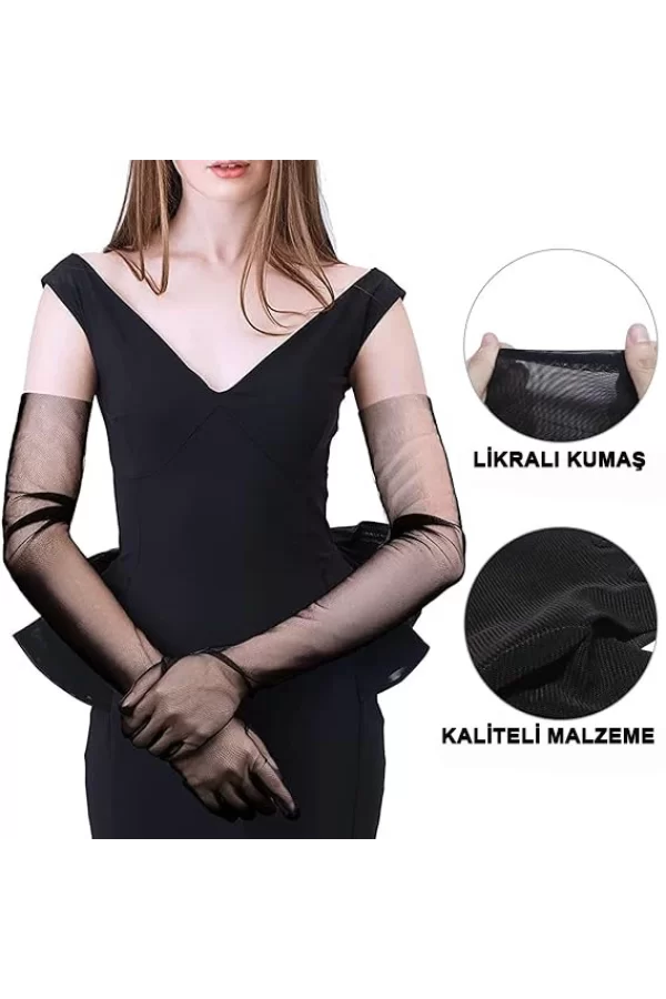 Uzun Boy Likralı Siyah Yetişkin Mega Tül Eldiven