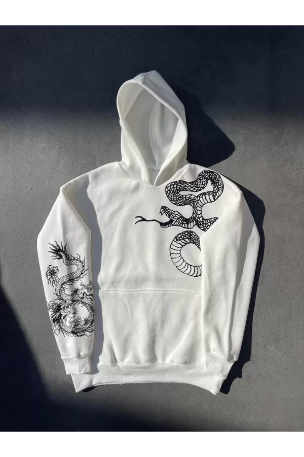 Luz&Pos Uzun Kol Kapüşonlu Baskılı Sweatshirt - Beyaz