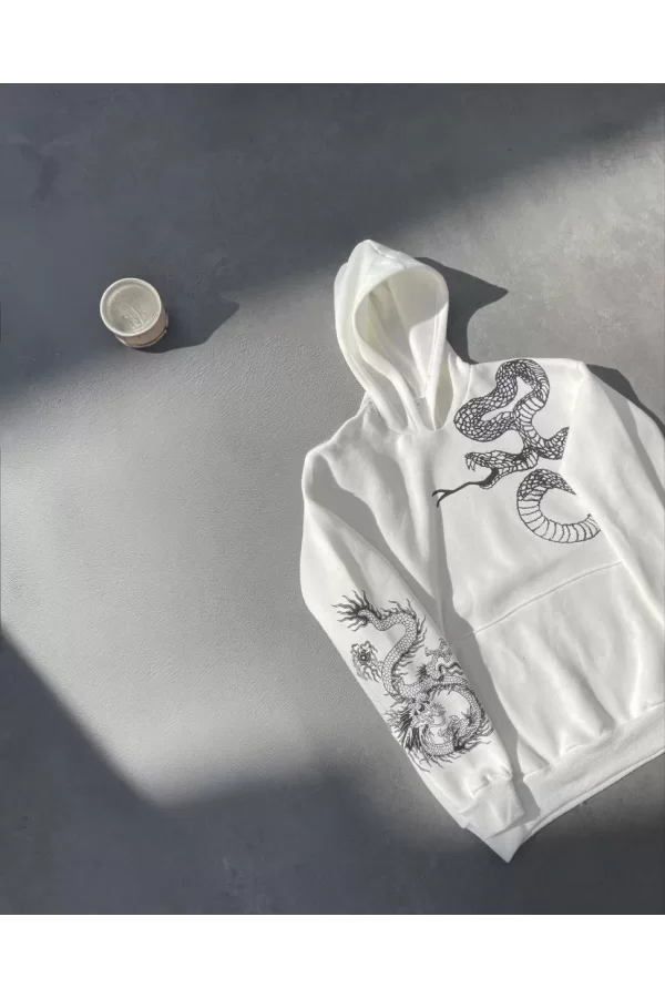 Luz&Pos Uzun Kol Kapüşonlu Baskılı Sweatshirt - Beyaz