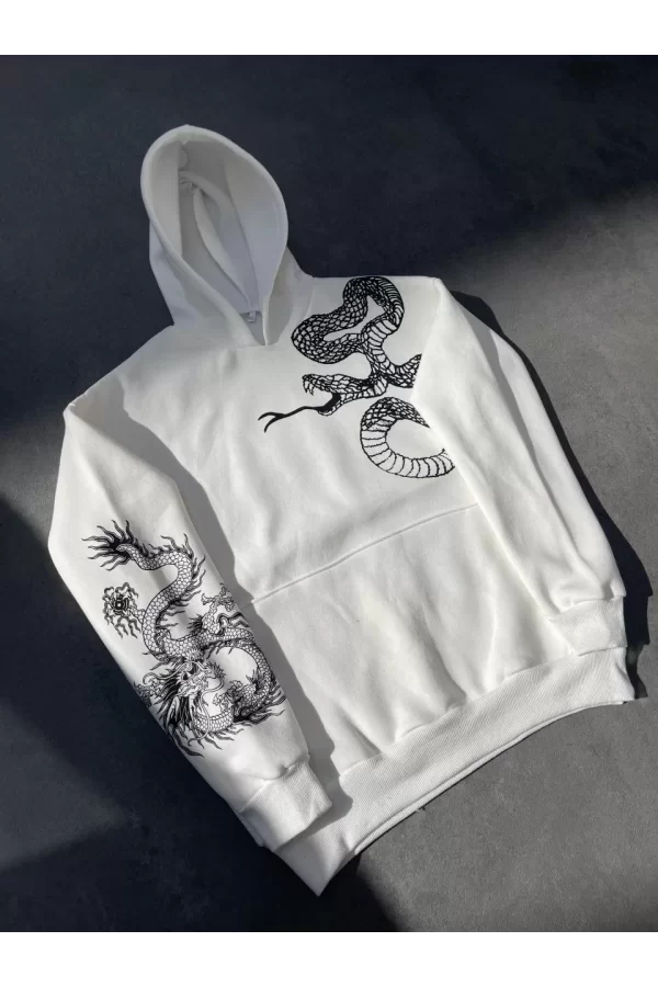 Luz&Pos Uzun Kol Kapüşonlu Baskılı Sweatshirt - Beyaz
